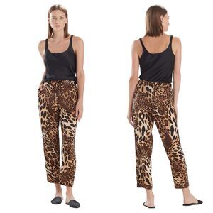 NATORI L Luxe Leopard Print Pants Satin Drawstring Chestnut Lounge Pajama NEW